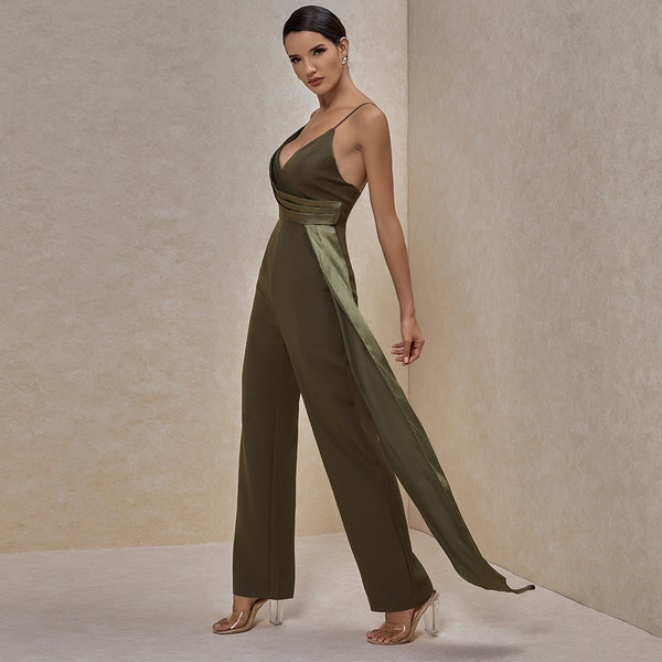 Macacão Pantalona Verde Musgo de Alcinha e Decote V