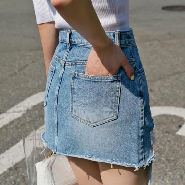 Saia Jeans Curta Assimétrica