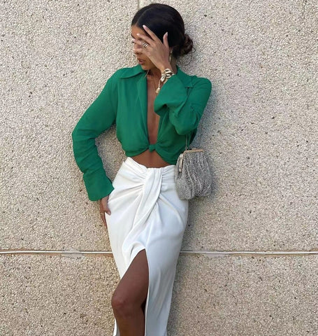Long Sleeve Cropped Shirt Deep V Neck Knot