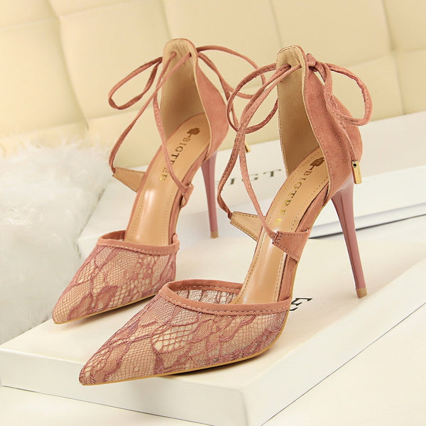Pumps with Lace and Ties, Thin High Heel