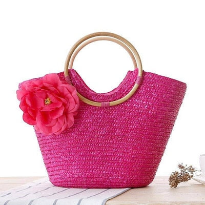 Bolsa Grande de Mão em Palha Floral Praia