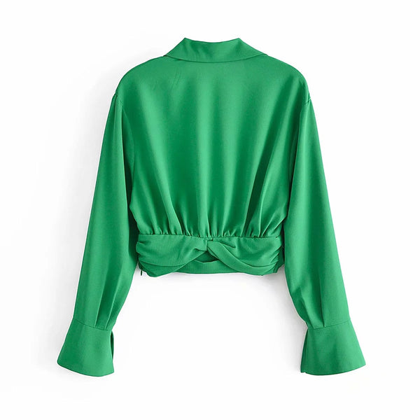 Long Sleeve Cropped Shirt Deep V Neck Knot