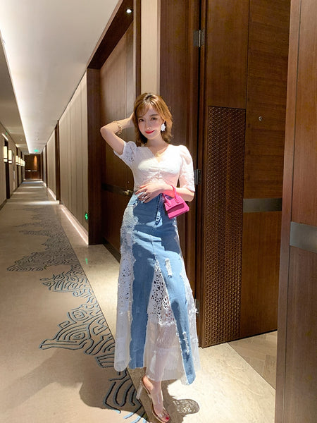Custom Long Jean Skirt with Lace