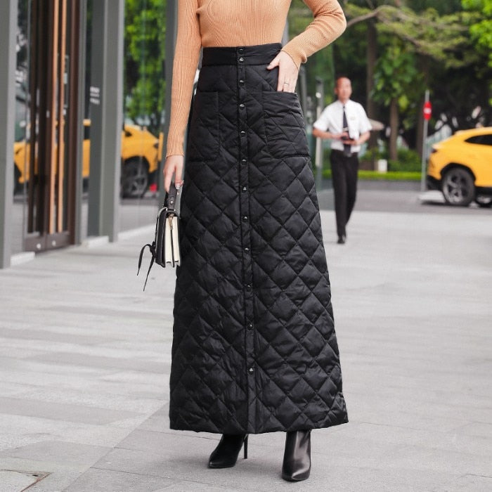 Thick Long Black Winter Skirt with Buttons