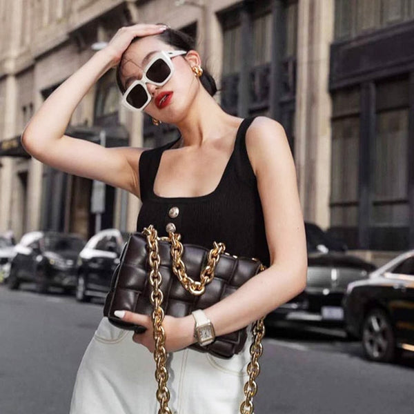 Leather Shoulder Bag with Thick Metal Strap