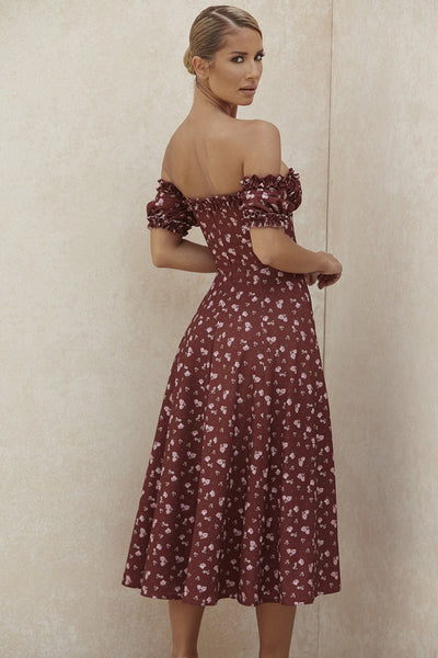 Vestido Midi Floral Ombro a Ombro Decote V com Fenda