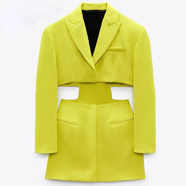 Vestido Curto Aberto na Cintura Manga Longa Amarelo