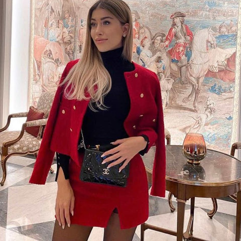 Conjunto de Lã Vermelho Blazer Curto Manga Longa e Saia Curta