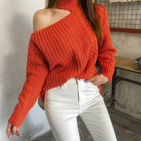 Long Sleeve Turtleneck Sweater with Cutout on the Shoulder