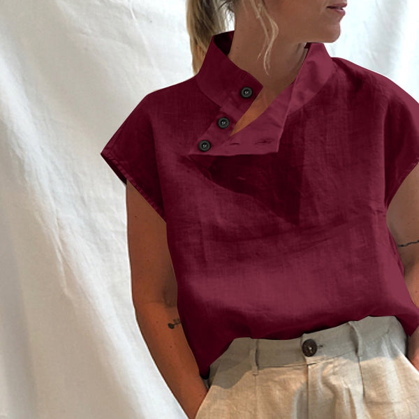Camisa Solta com Manga Curta Gola Alta com Botões