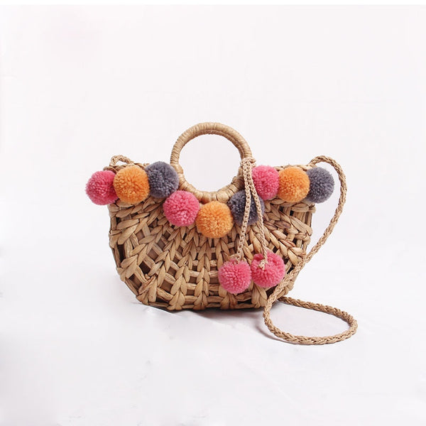 Bolsa de Mão em Palha Artesanal com Borlas de Pompom Praia