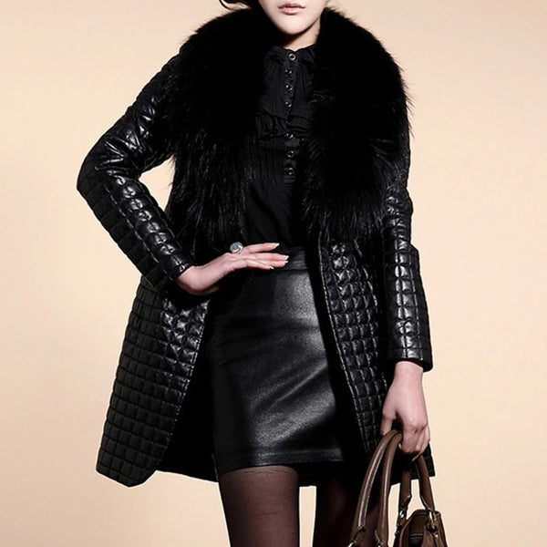 Thick Long Leather Coat with Fur Collar