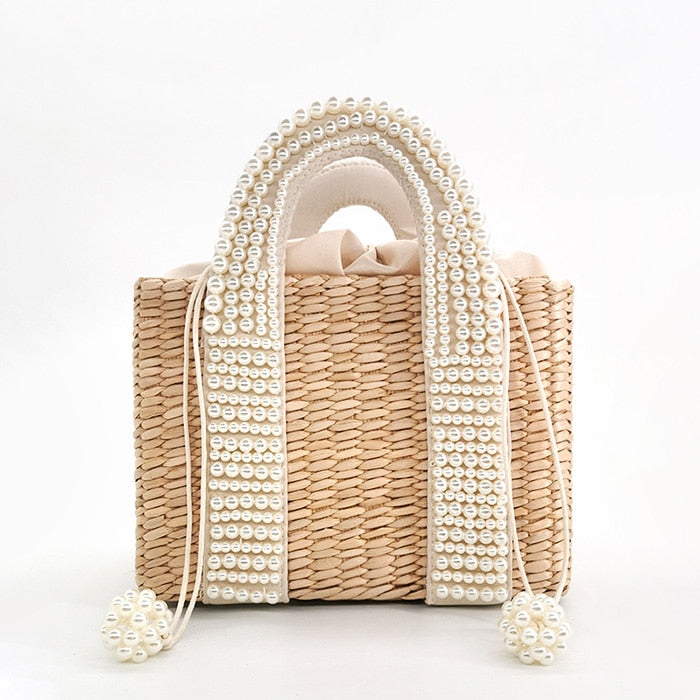 Bolsa Pequena Artesanal de Mão com Palha e Pérolas