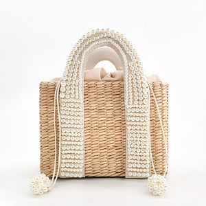 Bolsa Pequena Artesanal de Mão com Palha e Pérolas