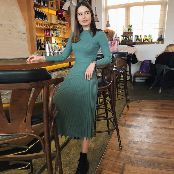 Vestido Midi de Malha Pissado Manga Longa