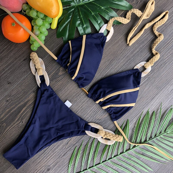 Bikini Set with Padded Bra and Gold Straps