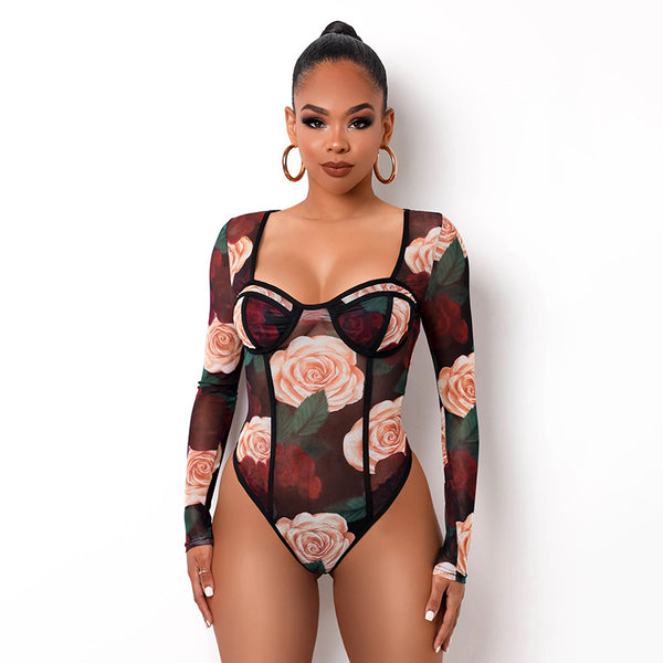 Floral Tulle Bodysuit with Straight Neckline