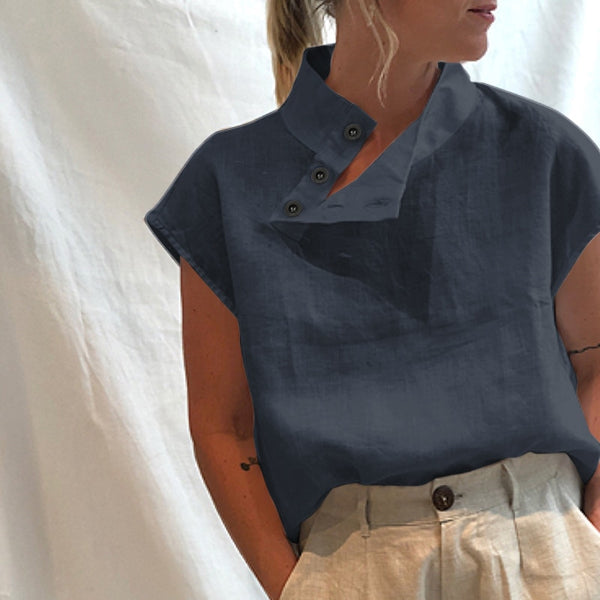 Camisa Solta com Manga Curta Gola Alta com Botões