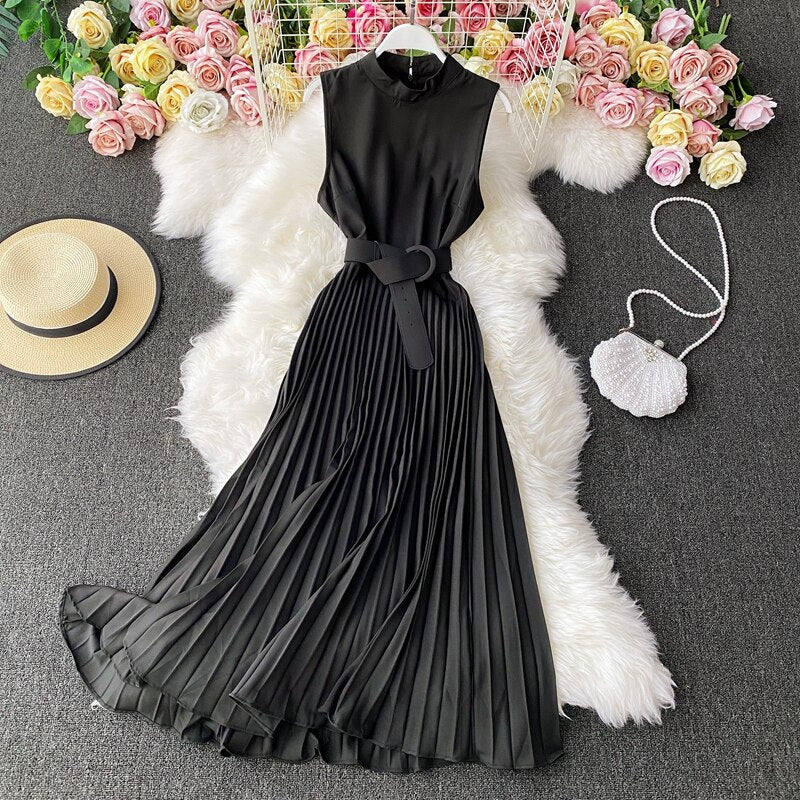 Vestido Midi Plissado Com Cinto sem Manga