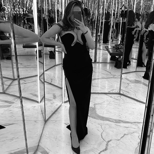 Vestido Longo Tomara que Caia com Fenda e Decote V Profundo Preto