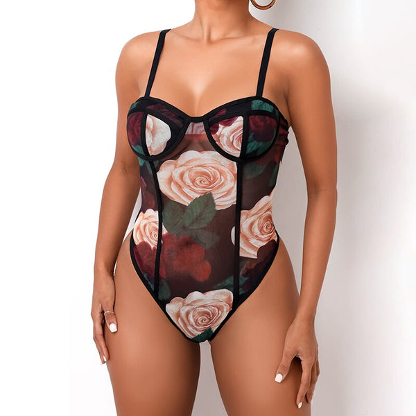 Floral Tulle Bodysuit with Straight Neckline
