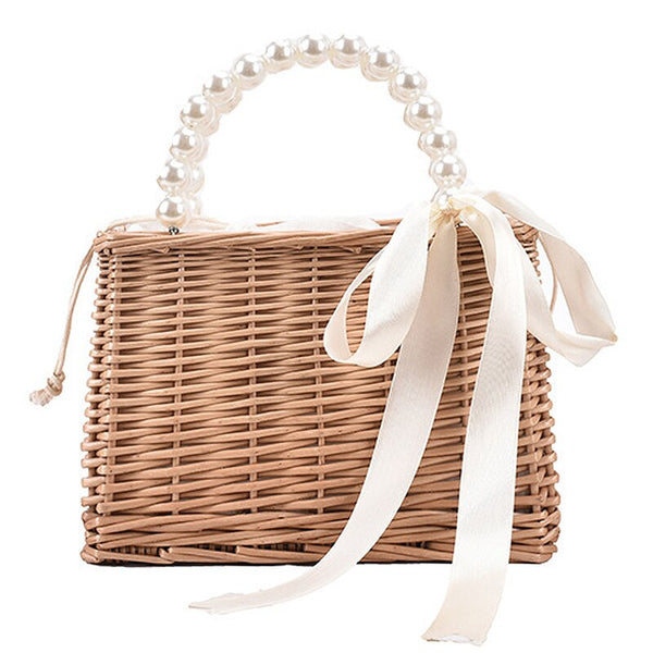 Small Straw Handbag with Pearl Strap Beach Bag