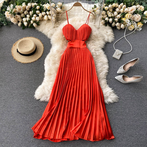 Vestido Longo Plissado Alcinha Decote V