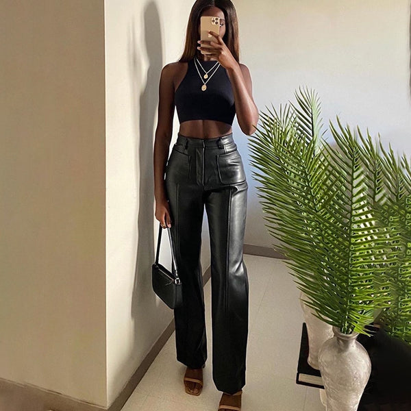 Calça Flare de Couro Cintura Alta