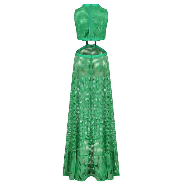 Green Sleeveless V-Neck Long Dress with Cut-Out Waist 
