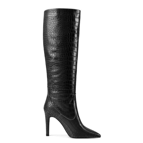 Bota de Couro Cano Alto Salto Alto Fino