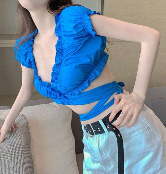 Cropped Transpassado Drapeado Manga Curta Bufante
