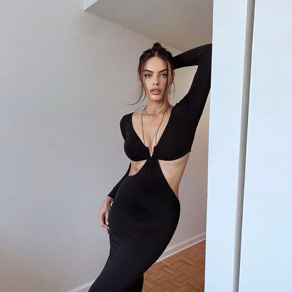 Vestido Longo Justo com Decote V Recorte na Cintura Manga Longa Preto
