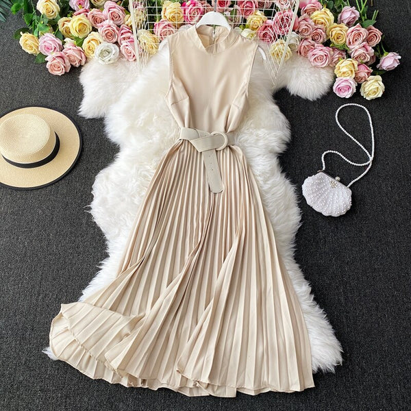 Vestido Midi Plissado Com Cinto sem Manga