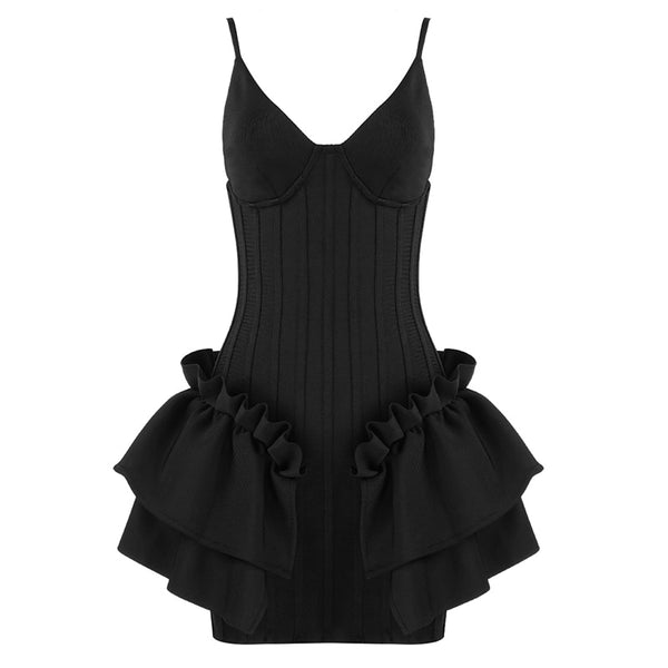 Vestido Curto Justo com Babados e Alcinha Decote V