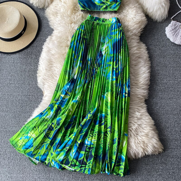 Pleated Midi Skirt and V-Neck Floral Print Cropped Top Set