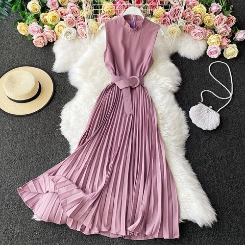 Vestido Midi Plissado Com Cinto sem Manga