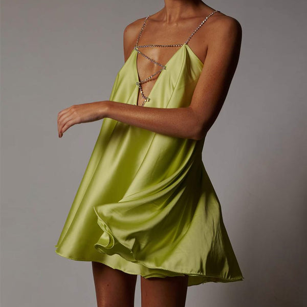 Short Satin Dress with Straps and V-Neckline with Open Back