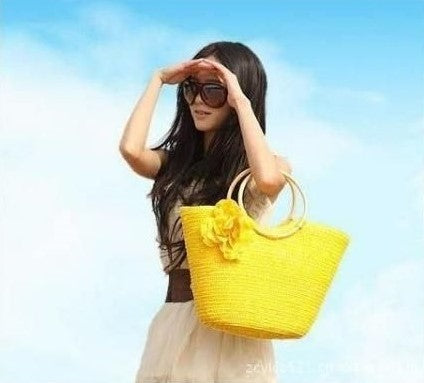 Bolsa Grande de Mão em Palha Floral Praia