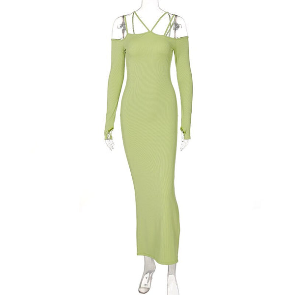 Vestido Longo Justo com Tiras e Fenda Ombro a Ombro Verde