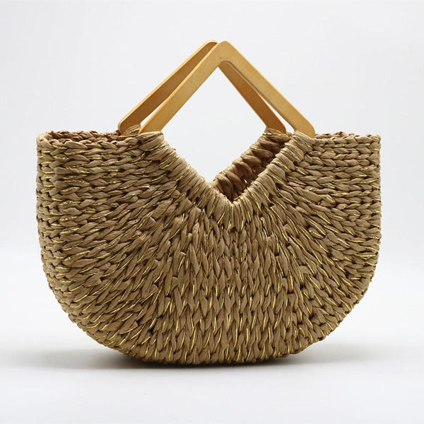 Bolsa Grande de Mão em Palha com Alça de Madeira Praia