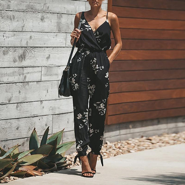 Floral V-neck Loose Strappy Jumpsuit 