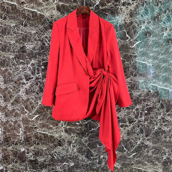 Vestido Blazer Curto com Manga Longa e Amarração Decote V Assimétrico
