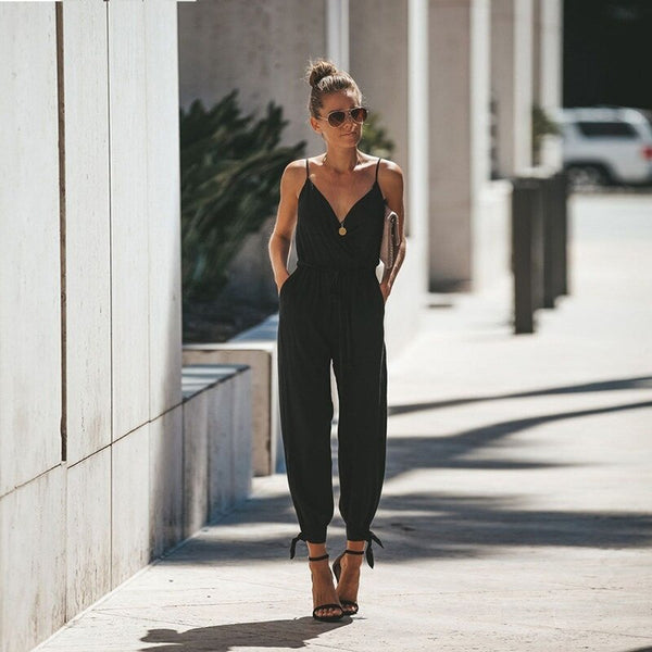 Floral V-neck Loose Strappy Jumpsuit 