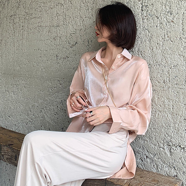 Metallic Long Sleeve Satin Shirt 
