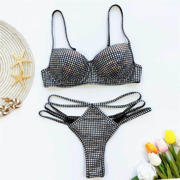 Conjunto de Biquíni Brilhante com Glitter e Lantejoulas Semi Fio
