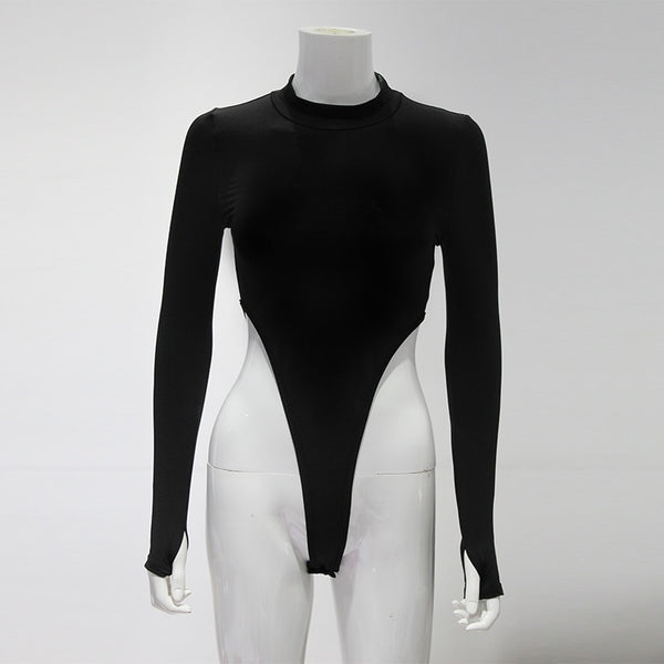 Body Cavado na Cintura Manga Longa Preto