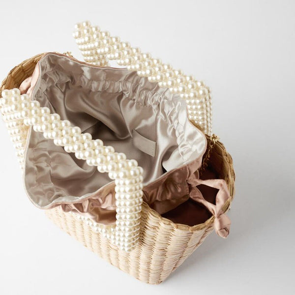 Small Straw Bag with Pearl Decoration