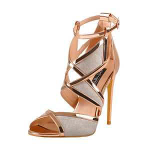 Sandália Peep Toe Metalizada Salto Alto Fino Champanhe