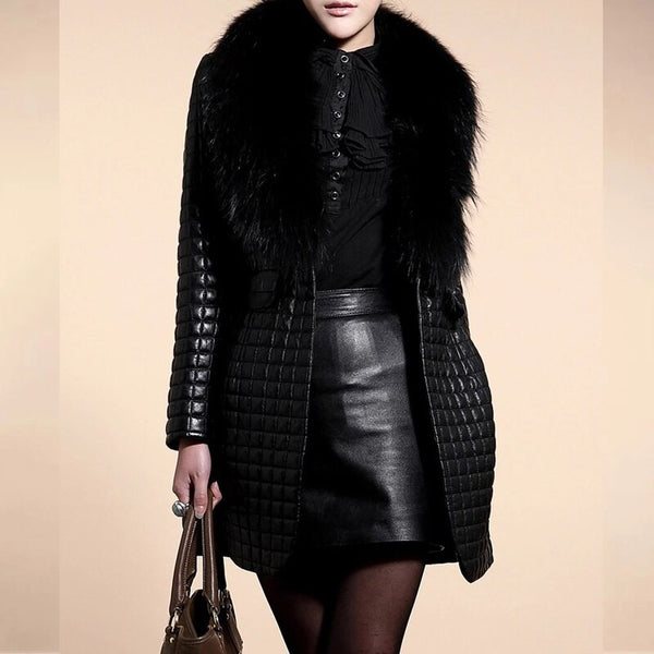 Thick Long Leather Coat with Fur Collar