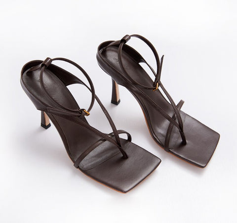 Leather Sandal with Straps, Thin Medium Heel